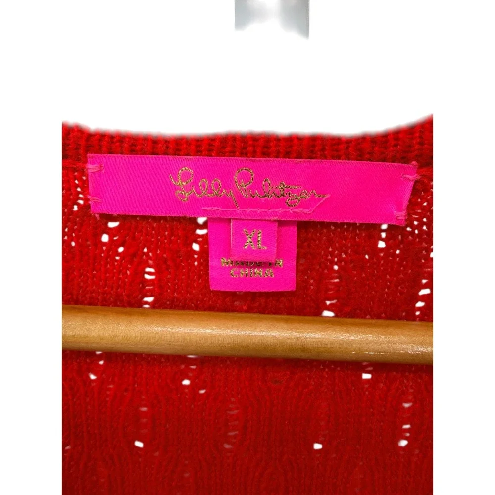Lilly Pulitzer Jacquetta Sweater Ruby Red XL Puff Sleeve Gold Button Cuff - Picture 4 of 7